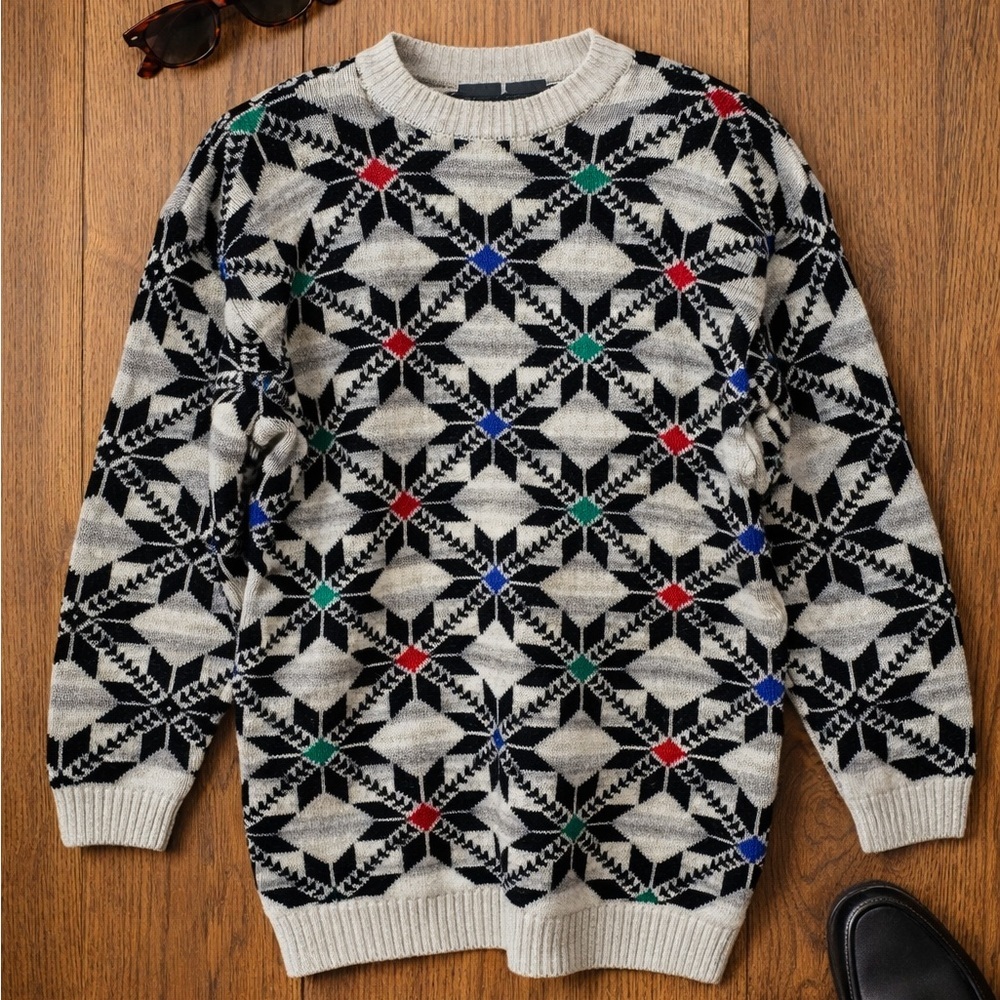 Vintage 90s Liz Claiborne Geometric Knit Sweater Fair Isle Small